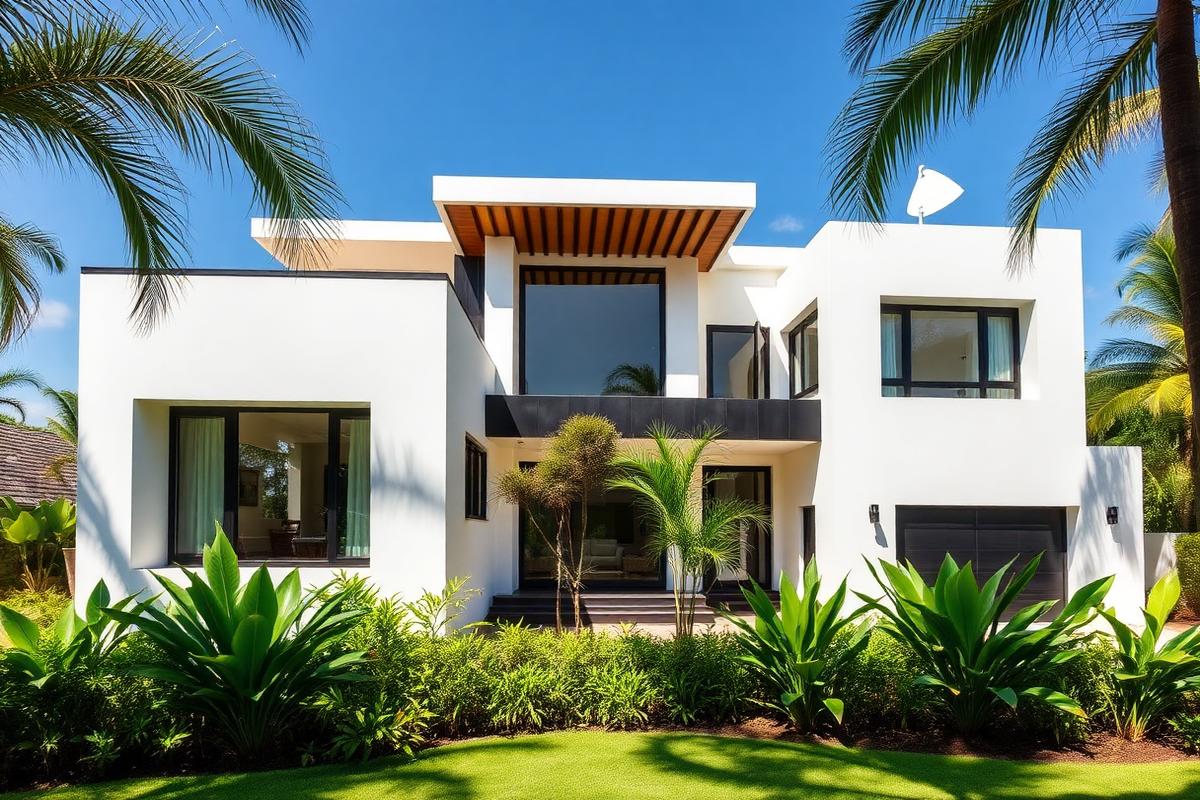 Casa contemporánea con jardín tropical